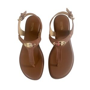 Michael Kors MK Plate Thong Sandals in Luggage Saffiano Leather – Size 8M